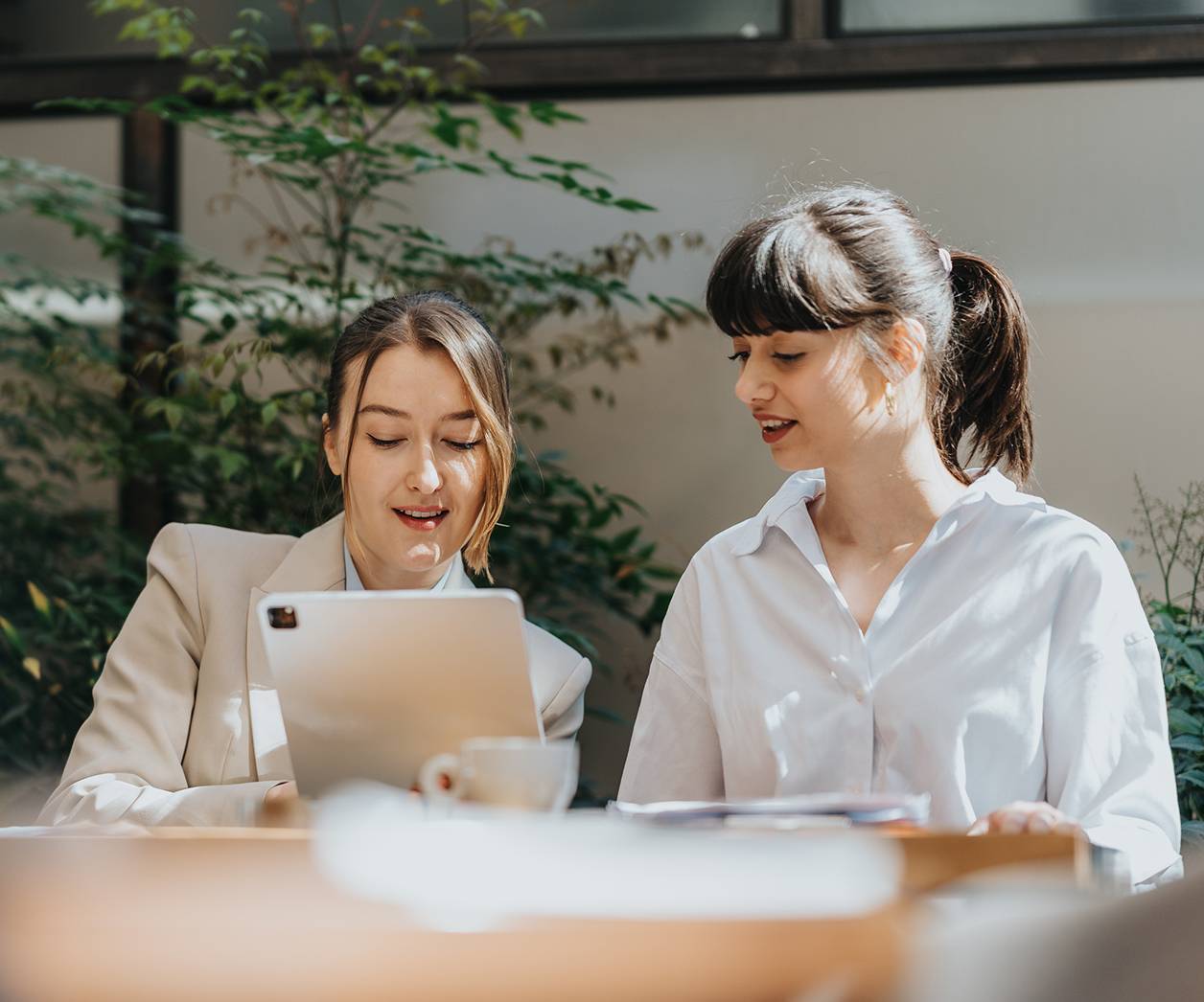 Two professional woman working together with a tablet