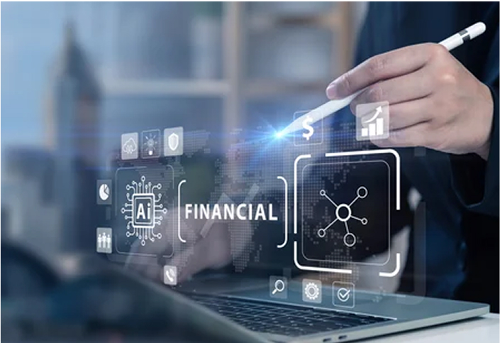 Person using touch pen and laptop with financial graphics